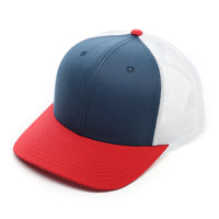 Richardson 112, Curved Trucker Hat, mesh, Snap back, mesh, Custom Branded, Custom design hat, Richardson sports, Red White and Blue, Red bill, Blue and white, red navy blue and white, white mesh,