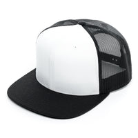 Richardson 511, No minimum, Flat bill, Flat bill trucker hat, mesh, Snap back, Custom Branded, Custom design hat, Richardson sports, white, black and white, white crown with black mesh, black and white, black bill