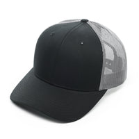 Richardson 112, No minimum, Curved Trucker Hat, mesh, Snap back, mesh, Custom Branded, Custom design hat, Richardson sports, Black and steel gray, black and gray, black and grey, black and steel grey