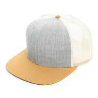 Richardson 511, No minimum,Flat bill, Flat bill trucker hat, mesh, Snap back, Custom Branded, Custom design hat, Richardson sports, heather grey and yellow, heather gray and yellow, biscuit,