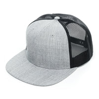 Richardson 511, No minimum, Flat bill, Flat bill trucker hat, mesh, Snap back, Custom Branded, Custom design hat, Richardson sports, heather gray and black, heather grey and black, black mesh, heather gray, heather grey, gray, gray and black, grey and black