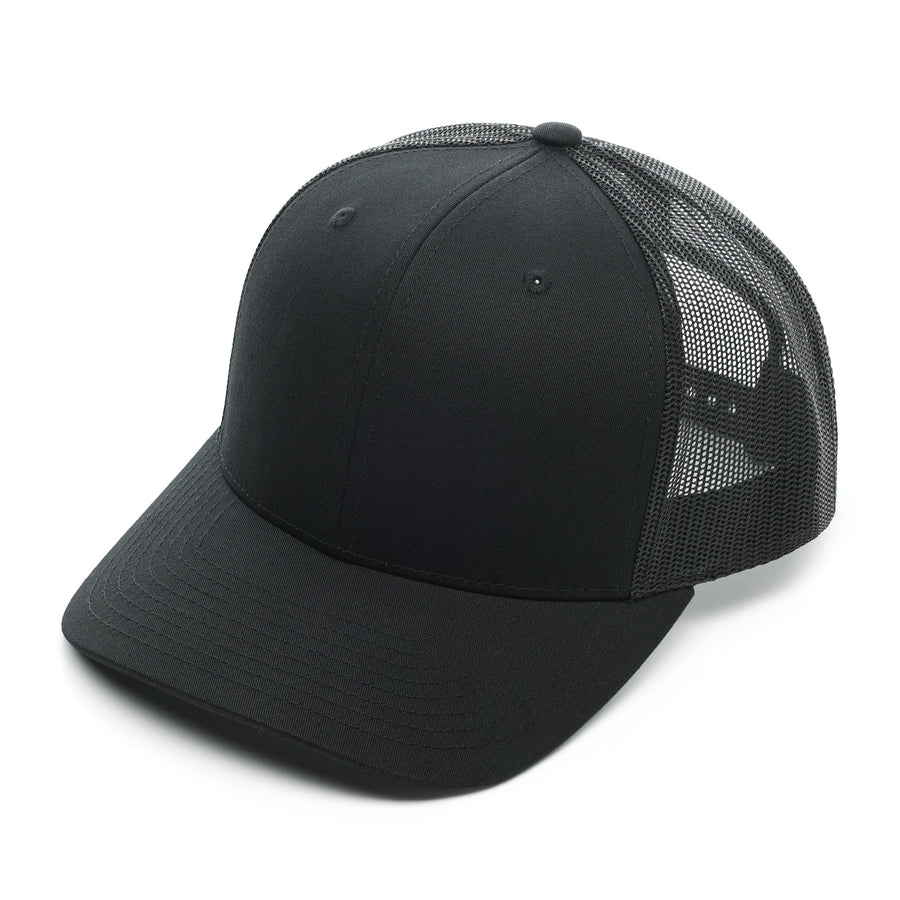 Richardson 112, No minimum, Curved Trucker Hat, mesh, Snap back, mesh, Custom Branded, Custom design hat, Richardson sports, Black, Black and Black mesh, 