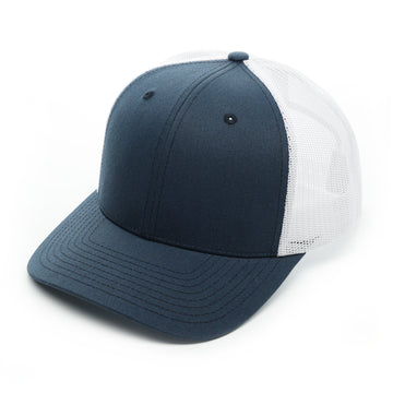 Richardson 112, Branded Bills, No minimum,  Curved Trucker Hat, mesh, Snap back, navy and white mesh, Custom Branded, Custom design hat, Richardson sports, Navy, Navy Blue, White, Navy Blue and White