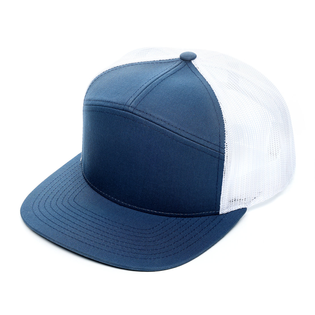 Richardson 7 Panel, Richardson 168, Flat bill, Flat bill trucker hat, mesh, Snap back, Custom Branded, Custom design hat, Richardson sports, navy, navy and white, blue and white, navy blue and white, white mesh