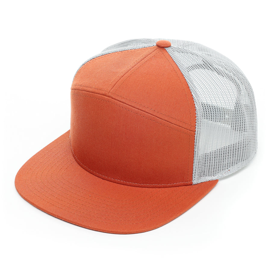 Richardson 7 Panel, Richardson 168, Flat bill, Flat bill trucker hat, mesh, Snap back, Custom Branded, Custom design hat, Richardson sports, orange, orange and gray, orange and grey