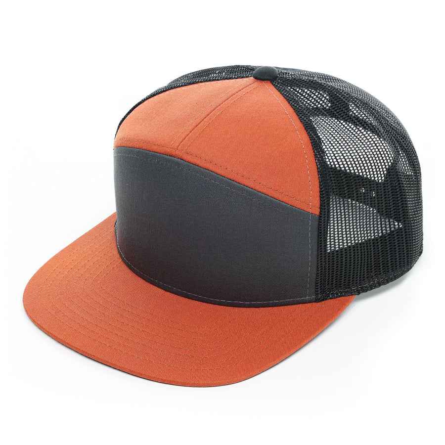 Richardson 7 Panel, Richardson 168, Flat bill, Flat bill trucker hat, mesh, Snap back, Custom Branded, Custom design hat, Richardson sports, orange, charcoal, black mesh, 