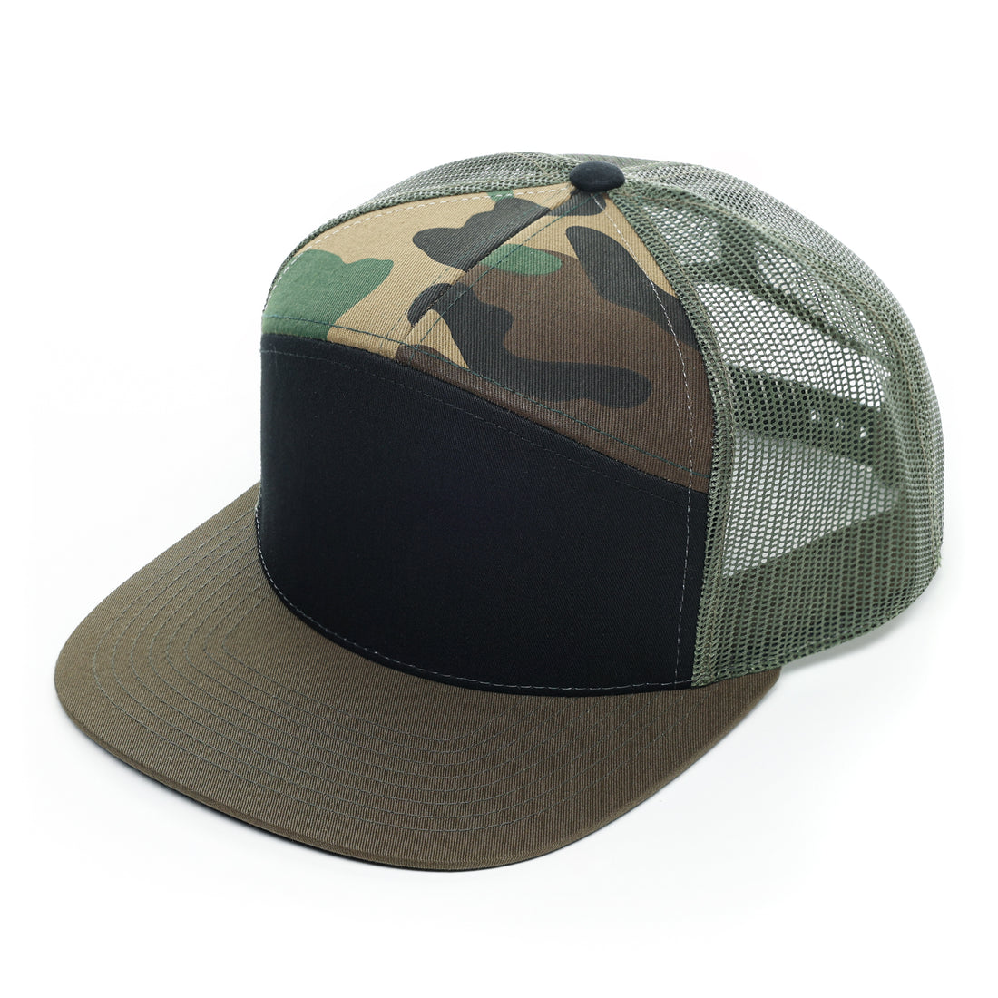 Camo, Richardson 7 Panel, Richardson 168, Flat bill, Flat bill trucker hat, mesh, Snap back, Custom Branded, Custom design hat, Richardson sports, camo trucker, camo 7 panel trucker, hunter green, black and camo, camo and black. green mesh