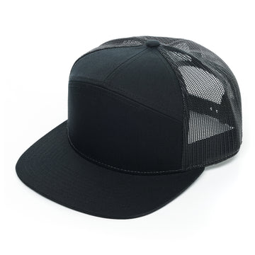 Richardson 7 Panel, Richardson 168, Flat bill, Flat bill trucker hat, mesh, Snap back, Custom Branded, Custom design hat, Richardson sports, black, black and black mesh, all black, 7 panel black,