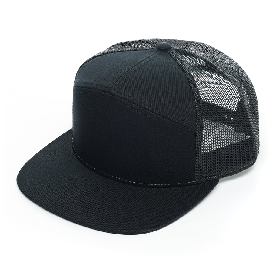 Richardson 7 Panel, Richardson 168, Flat bill, Flat bill trucker hat, mesh, Snap back, Custom Branded, Custom design hat, Richardson sports, black, black and black mesh, all black, 7 panel black,
