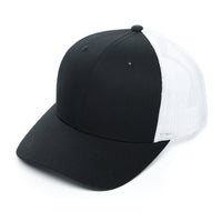 Richardson 112, No minimum, Curved Trucker Hat, mesh, Snap back, Custom Branded, Custom design hat, Richardson sports, Black and White, Black, White, 