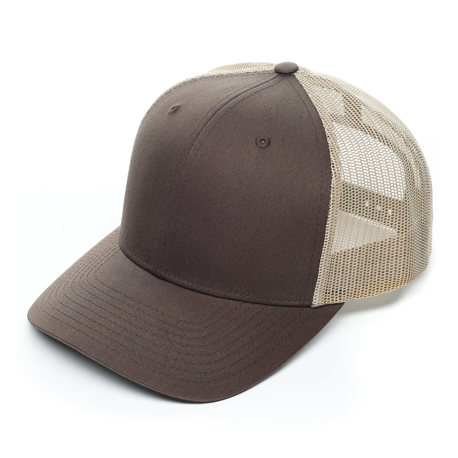 Richardson 112, No minimum, Curved Trucker Hat, mesh, Snap back, mesh, Custom Branded, Custom design hat, Richardson sports, brown and khaki,  brown, tan, brown and tan, khaki, khaki and tan