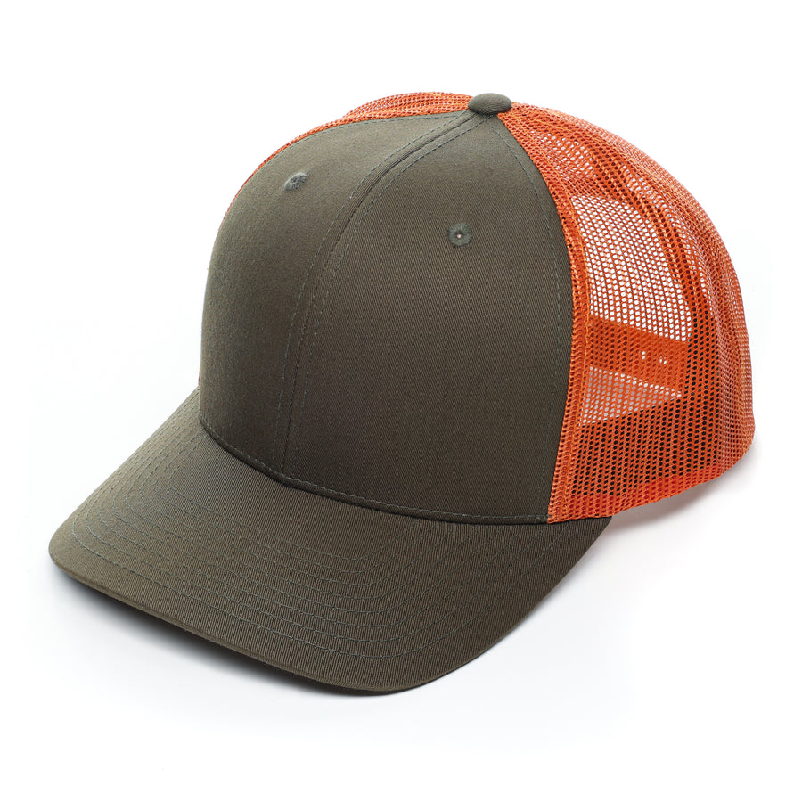 Richardson 112, No minimum,Curved Trucker Hat, mesh, Snap back, mesh, Custom Branded, Custom design hat, Richardson sports, green and orange, hunter hat, hunter green, 