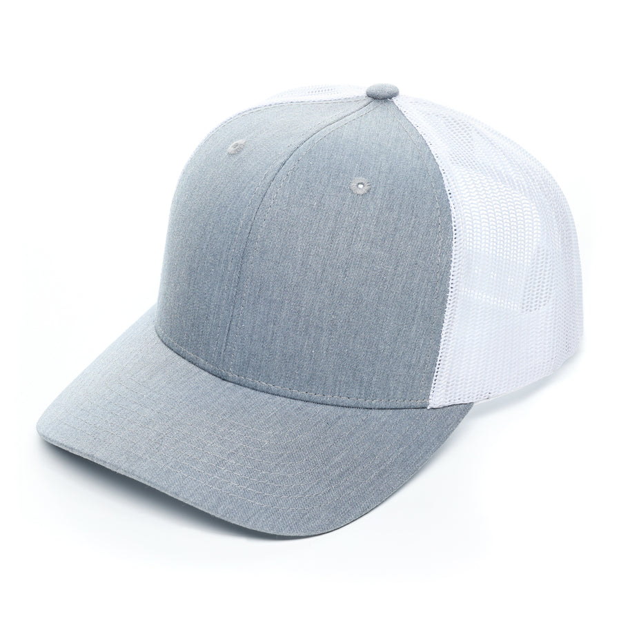 Richardson 112, No minimum, Curved Trucker Hat, mesh, Snap back, mesh, Custom Branded, Custom design hat, Richardson sports, heather gray, gray, grey, gray and white, white